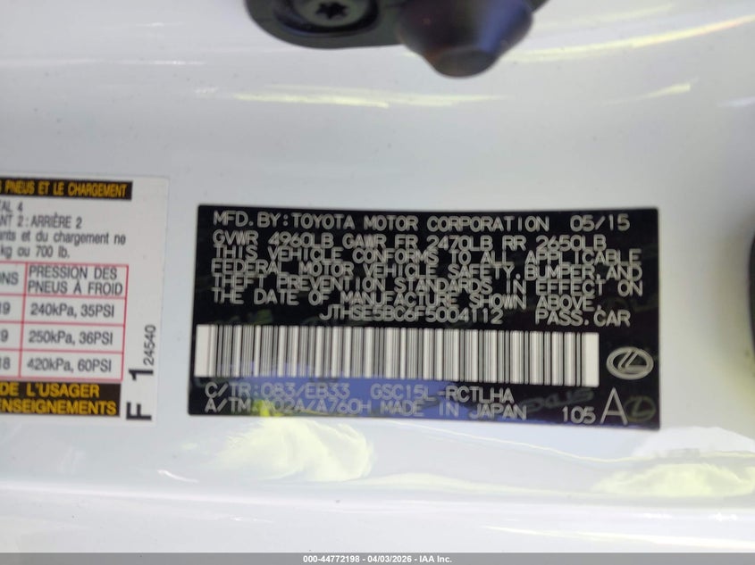 2015 Lexus Rc 350 VIN: JTHSE5BC6F5004112 Lot: 44772198