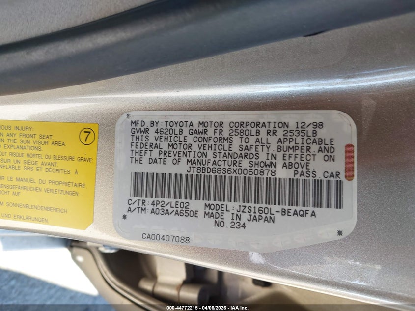 1999 Lexus Gs 300 VIN: JT8BD68S6X0060878 Lot: 44772215