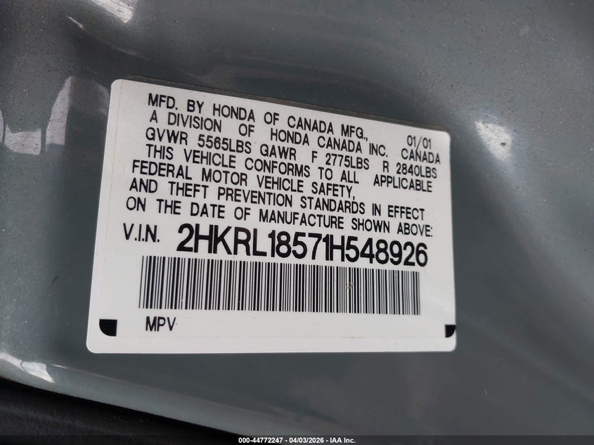 2001 Honda Odyssey Lx VIN: 2HKRL18571H548926 Lot: 44772247