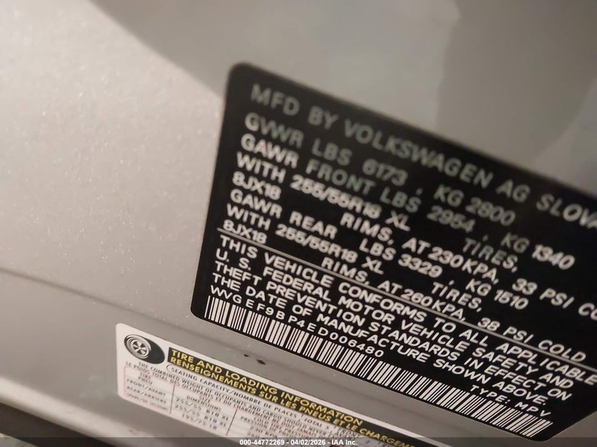 2014 Volkswagen Touareg 3.6L Sport VIN: WVGEF9BP4ED006480 Lot: 44772269