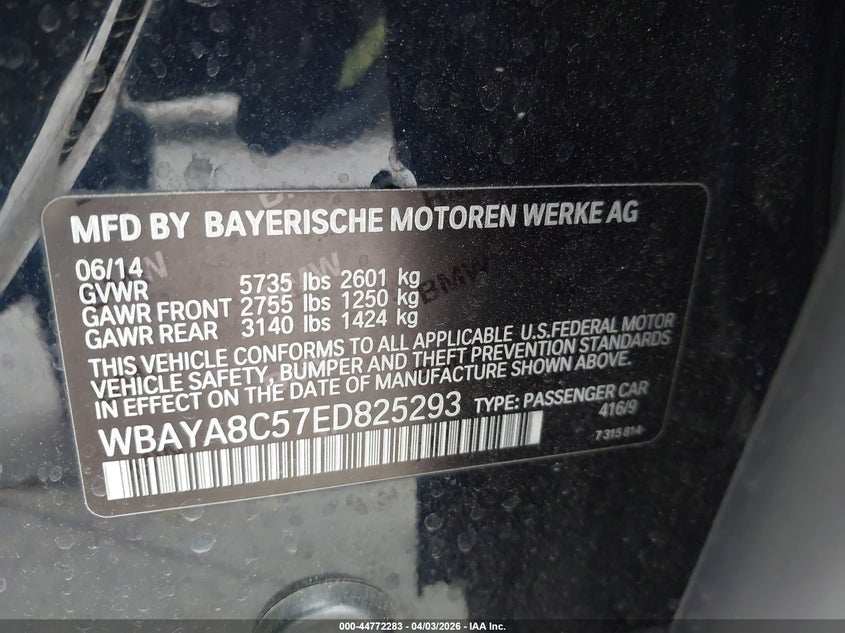 2014 BMW 750I VIN: WBAYA8C57ED825293 Lot: 44772283