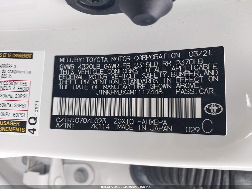 2021 Toyota C-Hr Limited VIN: JTNKHMBX4M1117448 Lot: 44772285