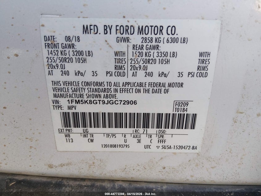 2018 Ford Explorer Sport VIN: 1FM5K8GT9JGC72906 Lot: 44772286