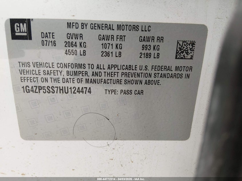 2017 Buick Lacrosse Essence VIN: 1G4ZP5SS7HU124474 Lot: 44772314