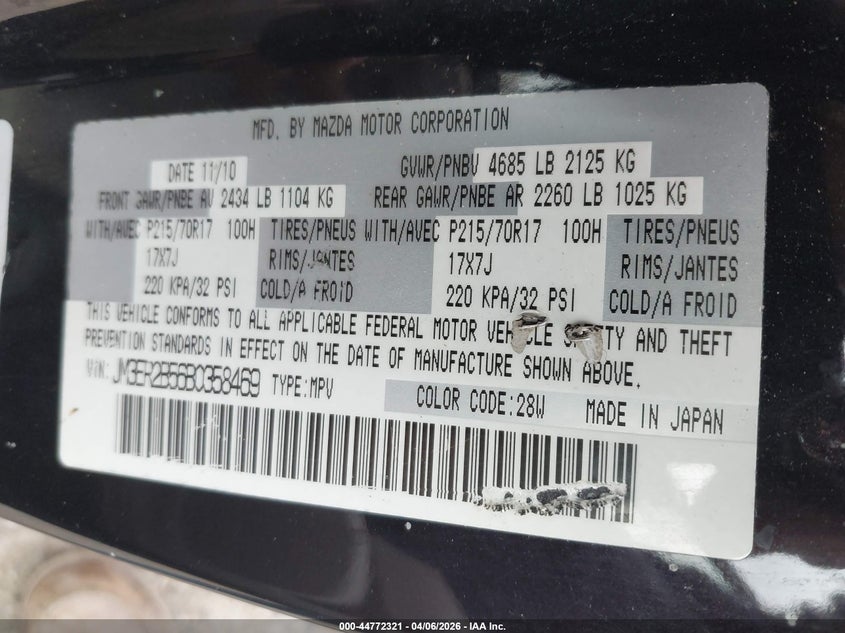 2011 Mazda Cx-7 I Sport VIN: JM3ER2B56B0358469 Lot: 44772321