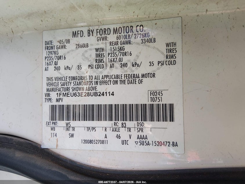 2008 Ford Explorer Xlt VIN: 1FMEU63E28UB24114 Lot: 44772337