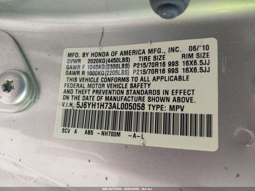 2010 Honda Element Ex VIN: 5J6YH1H73AL005058 Lot: 44772354