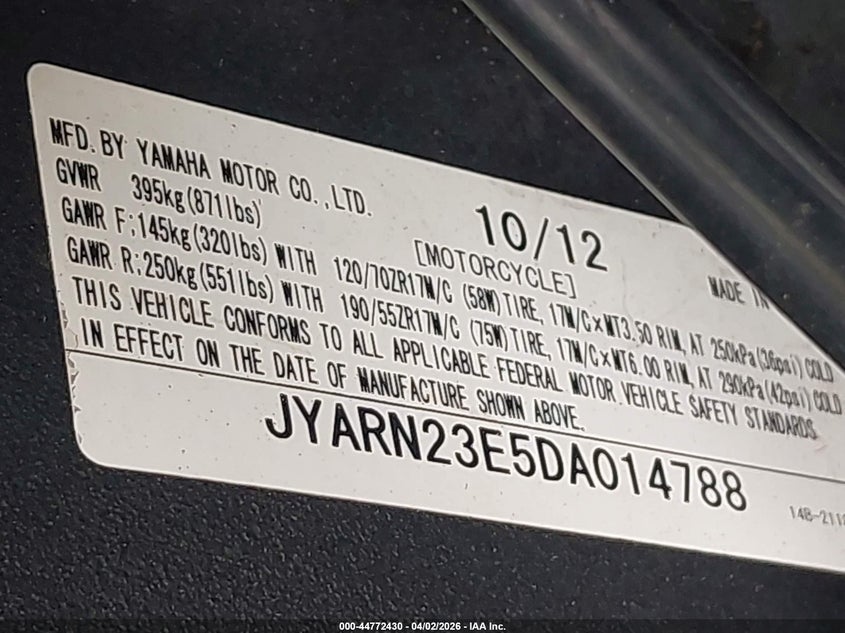 2013 Yamaha Yzfr1 VIN: JYARN23E5DA014788 Lot: 44772430