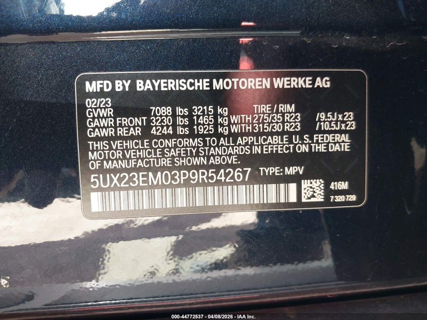 2023 BMW X7 xDrive40I VIN: 5UX23EM03P9R54267 Lot: 44772537