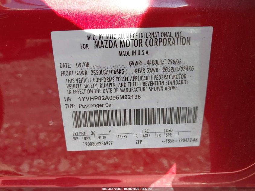 2009 Mazda Mazda6 I Touring VIN: 1YVHP82A095M22136 Lot: 44772583