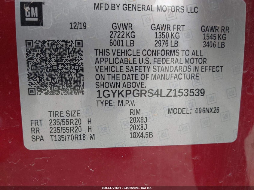 2020 Cadillac Xt6 Awd Sport VIN: 1GYKPGRS4LZ153539 Lot: 44772651