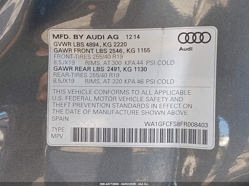 2015 Audi Q3 2.0T Premium Plus VIN: WA1GFCFS8FR008403 Lot: 44772658