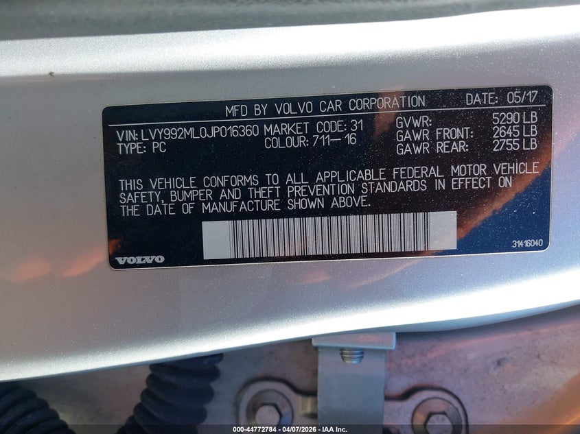 2018 Volvo S90 T6 Inscription VIN: LVY992ML0JP016360 Lot: 44772784