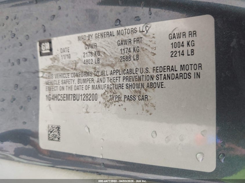 2011 Buick Lucerne Cxl VIN: 1G4HC5EM7BU128200 Lot: 44772880