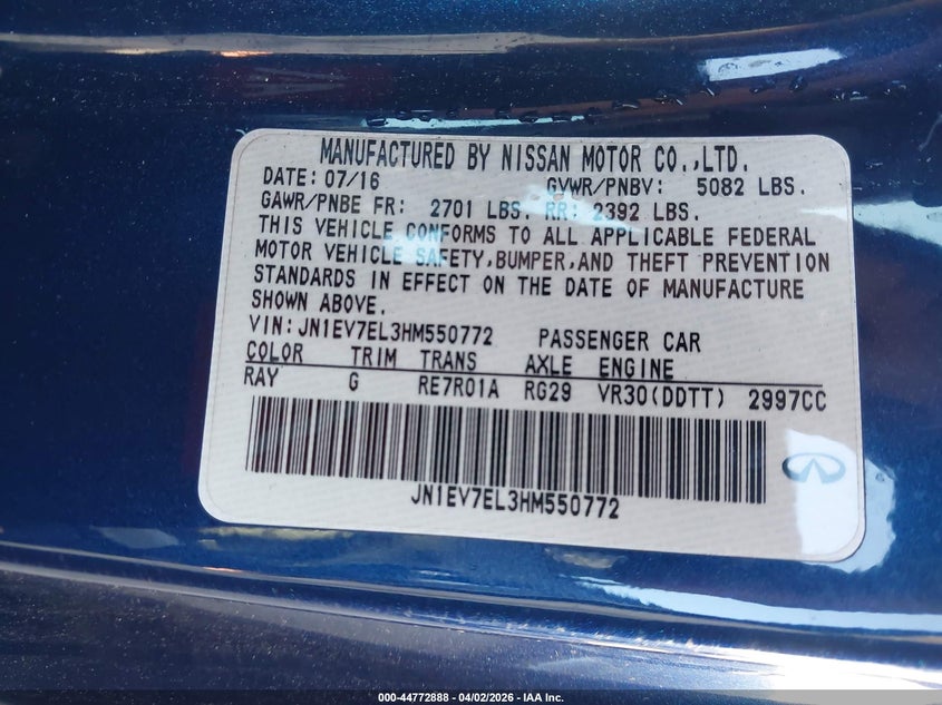2017 Infiniti Q60 3.0T Premium VIN: JN1EV7EL3HM550772 Lot: 44772888
