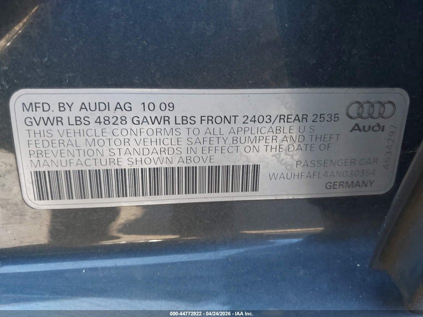 2010 Audi A4 2.0T Premium VIN: WAUHFAFL4AN030354 Lot: 44772922