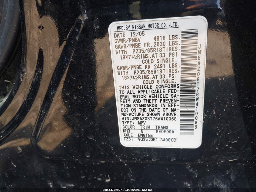 2006 Nissan Murano S VIN: JN8AZ08T76W410068 Lot: 44772927