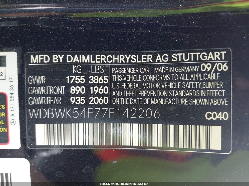 2007 Mercedes-Benz Slk 280 VIN: WDBWK54F77F142206 Lot: 44772935