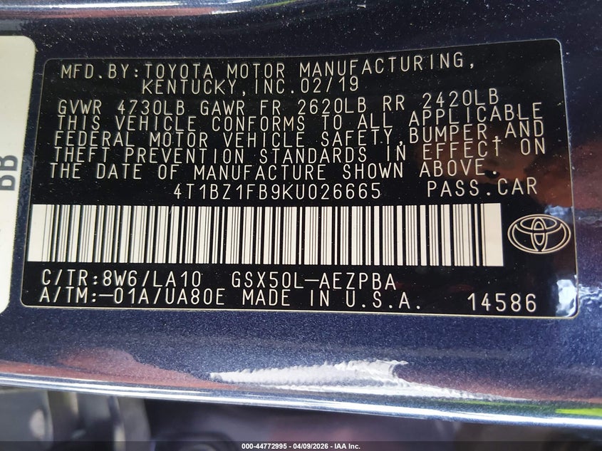 2019 Toyota Avalon Limited VIN: 4T1BZ1FB9KU026665 Lot: 44772995