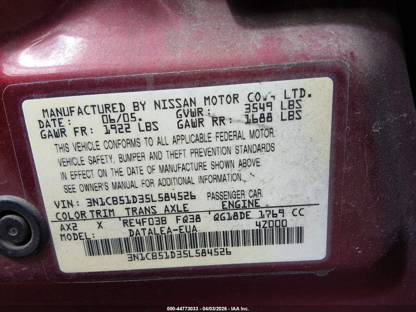 2005 Nissan Sentra 1.8S VIN: 3N1CB51D35L584526 Lot: 44773033