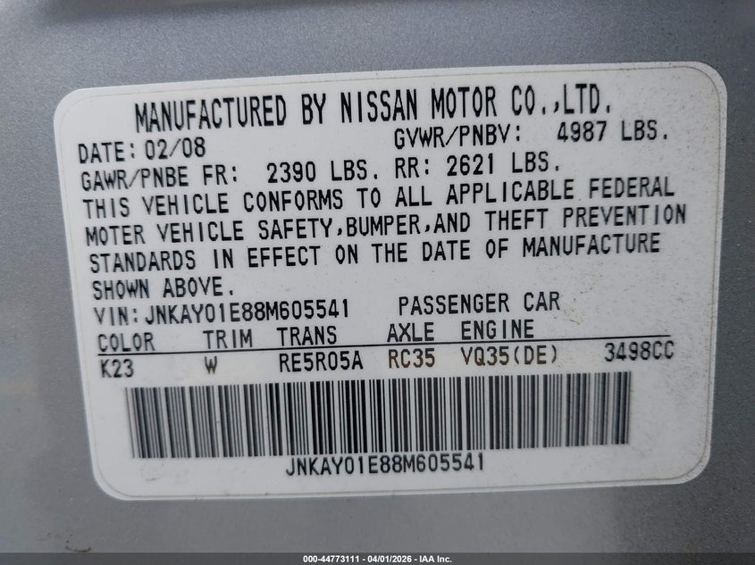 2008 Infiniti M35 VIN: JNKAY01E88M605541 Lot: 44773111