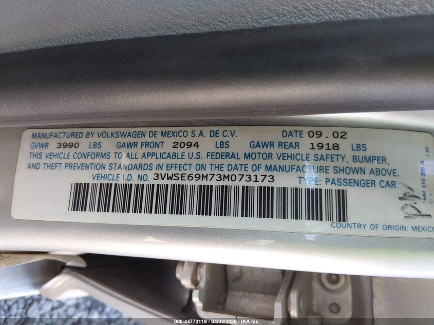 2003 Volkswagen Jetta Gls 1.8T VIN: 3VWSE69M73M073173 Lot: 44773119