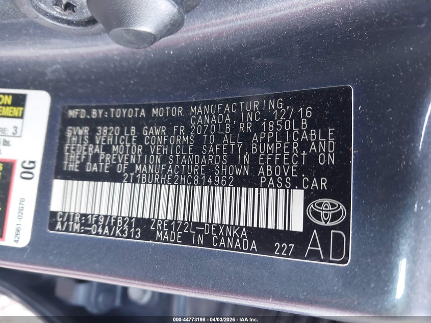 VIN 2T1BURHE2HC814962 2017 TOYOTA COROLLA LE