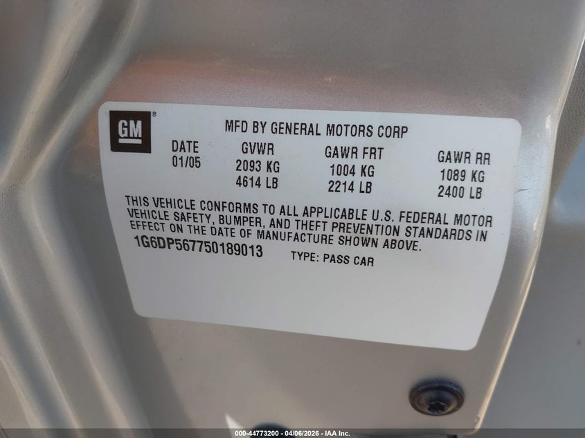 2005 Cadillac Cts Standard VIN: 1G6DP567750189013 Lot: 44773200