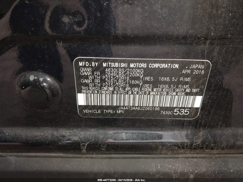 2018 Mitsubishi Eclipse Cross Es VIN: JA4AT3AA6JZ060196 Lot: 44773208