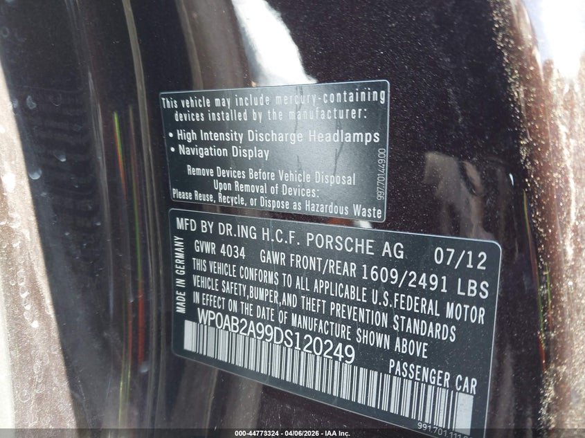 2013 Porsche 911 Carrera S VIN: WP0AB2A99DS120249 Lot: 44773324