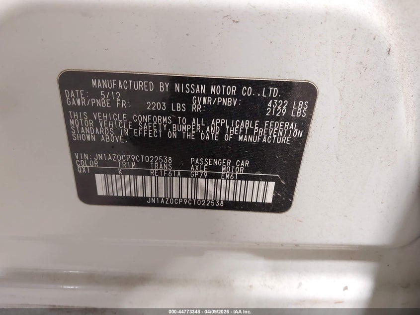 2012 Nissan Leaf Sl VIN: JN1AZ0CP9CT022538 Lot: 44773348