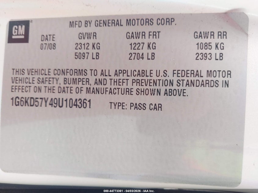 2009 Cadillac Dts 1Sd VIN: 1G6KD57Y89U104361 Lot: 44773361