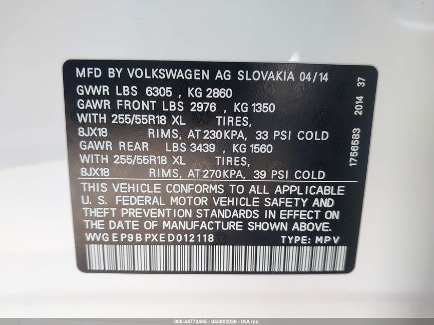 2014 Volkswagen Touareg Tdi Sport VIN: WVGEP9BPXED012118 Lot: 44773405