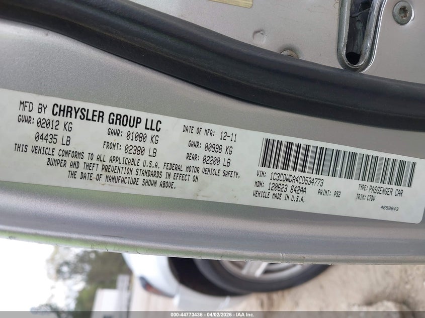 2012 Dodge Caliber Sxt VIN: 1C3CDWDA4CD534773 Lot: 44773436