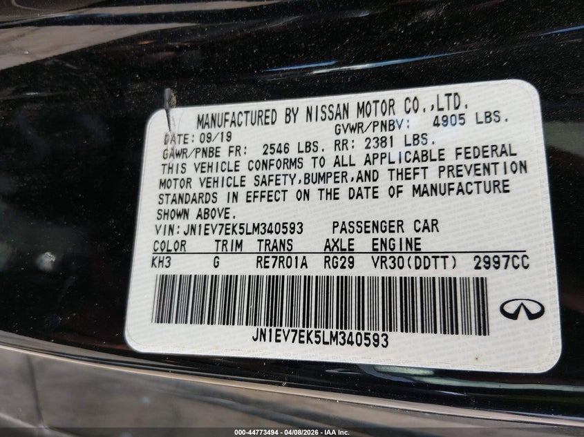 2020 Infiniti Q60 Luxe VIN: JN1EV7EK5LM340593 Lot: 44773494