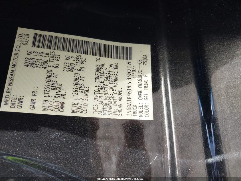 2018 Nissan Titan Xd Platinum Reserve Diesel VIN: 1N6BA1F46JN539018 Lot: 44773615