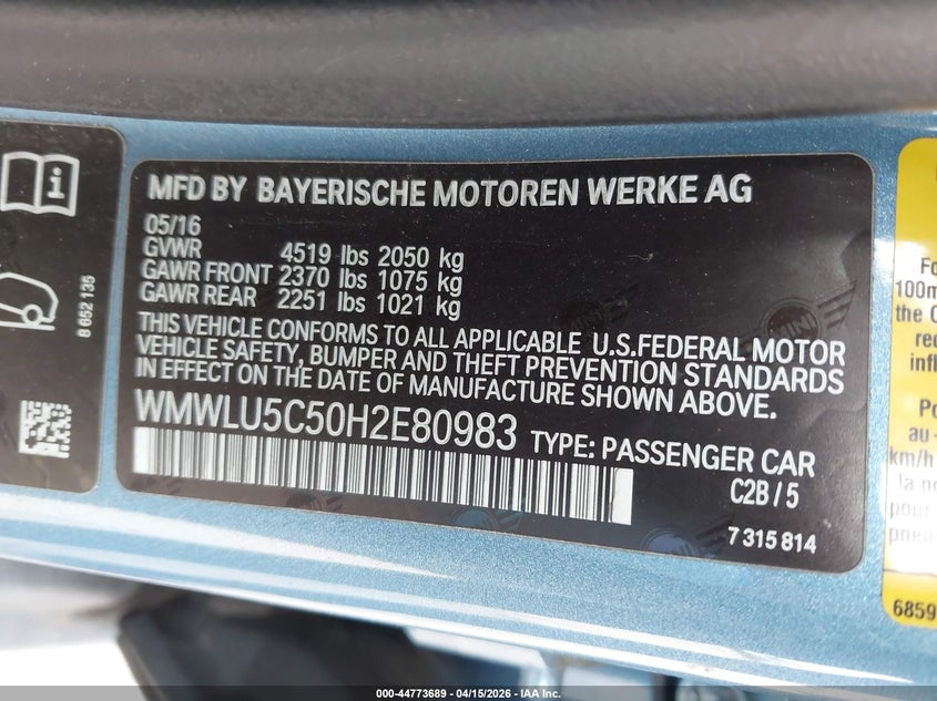 2017 Mini Clubman 2.0 Mini Cooper S blue Lot 111044773689 Vin WMWLU5C50H2E80983