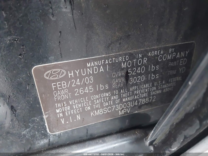 2003 Hyundai Santa Fe Gls/Lx VIN: KM8SC73D03U478872 Lot: 44773781