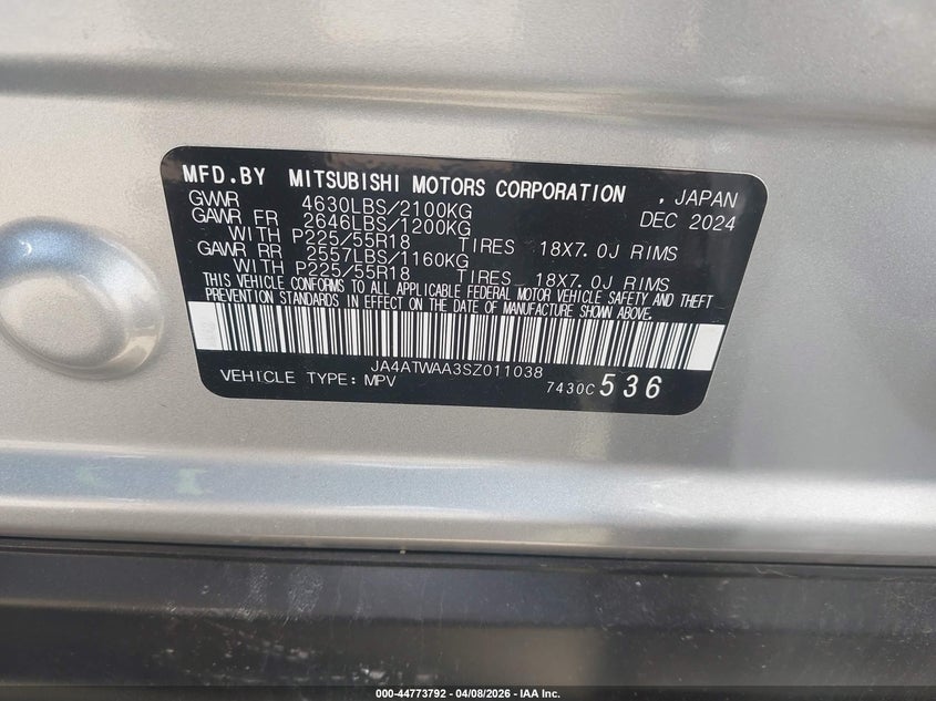 2025 Mitsubishi Eclipse Cross Se S-Awc VIN: JA4ATWAA3SZ011038 Lot: 44773792