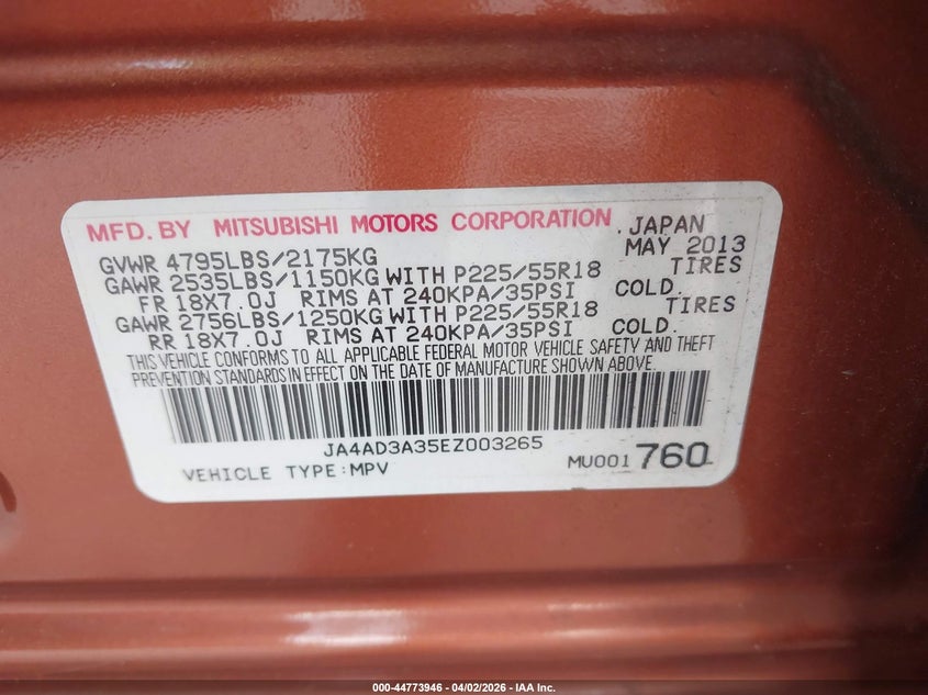 2014 Mitsubishi Outlander Se VIN: JA4AD3A35EZ003265 Lot: 44773946