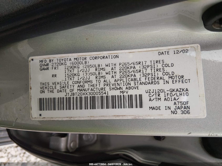 2003 Lexus Gx 470 VIN: JTJBT20XX30005541 Lot: 44773954