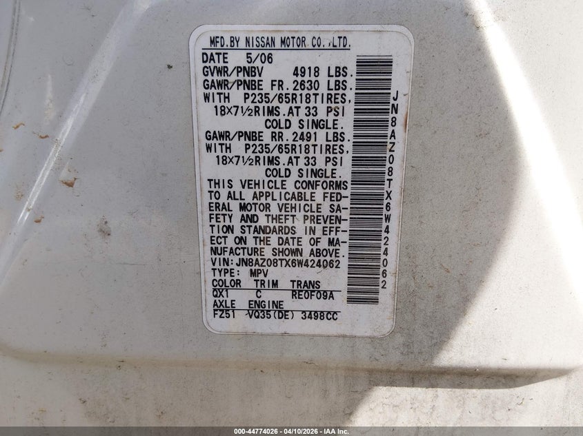 2006 Nissan Murano S VIN: JN8AZ08TX6W424062 Lot: 44774026
