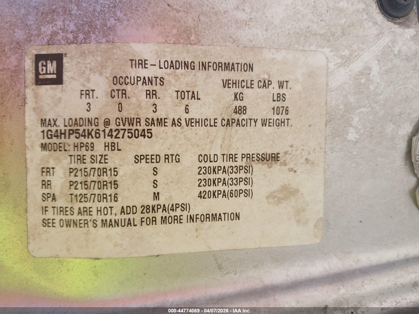 2001 Buick Lesabre Custom VIN: 1G4HP54K614275045 Lot: 44774069