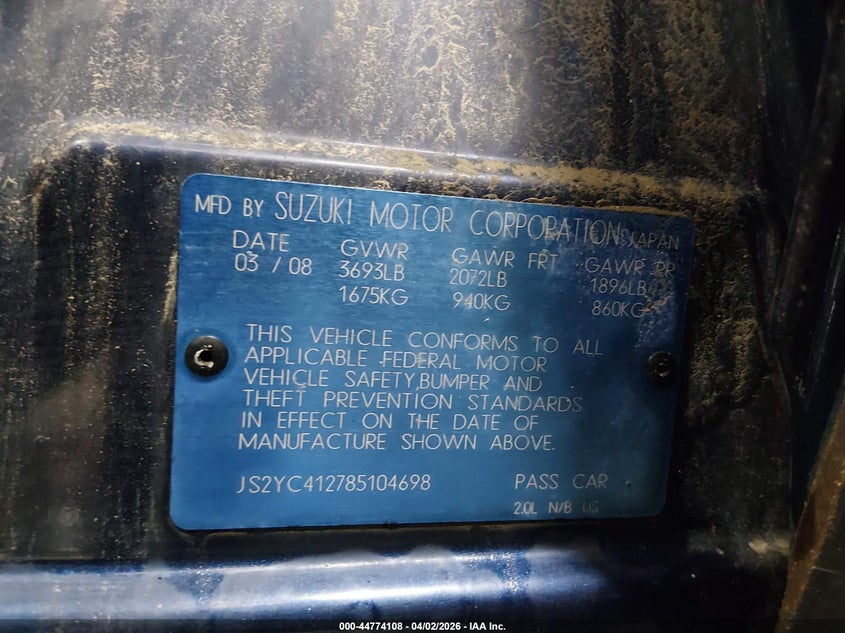 2008 Suzuki Sx4 VIN: JS2YC412785104698 Lot: 44774108