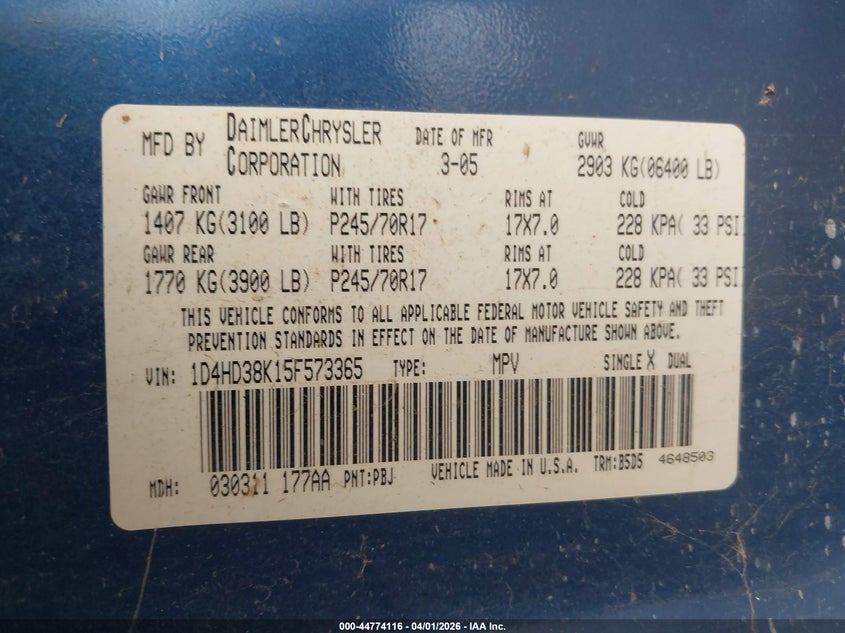 2005 Dodge Durango St VIN: 1D4HD38K15F573365 Lot: 44774116