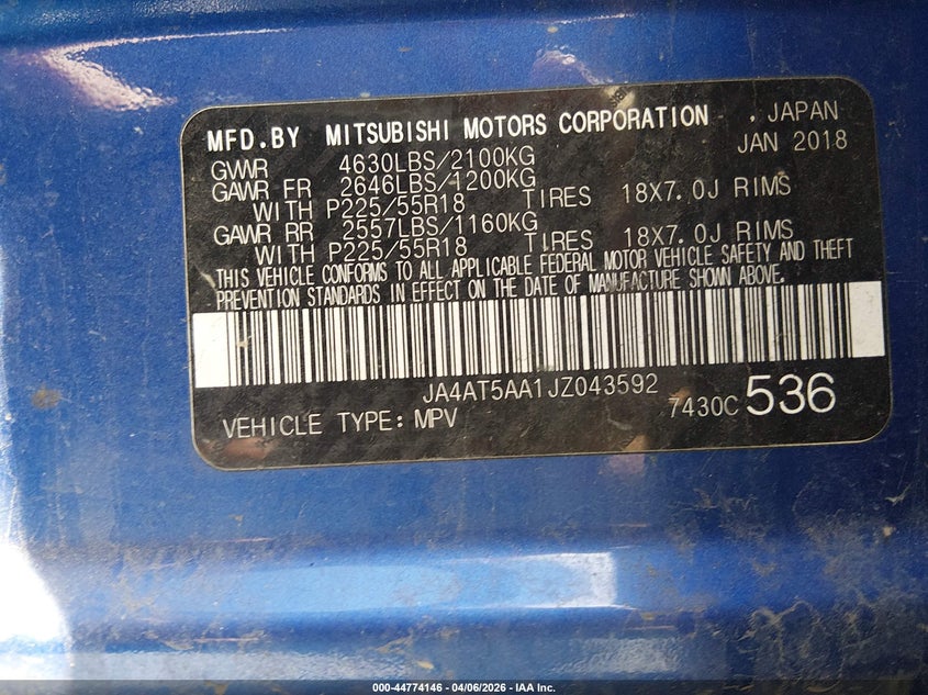 2018 Mitsubishi Eclipse Cross Se VIN: JA4AT5AA1JZ043592 Lot: 44774146