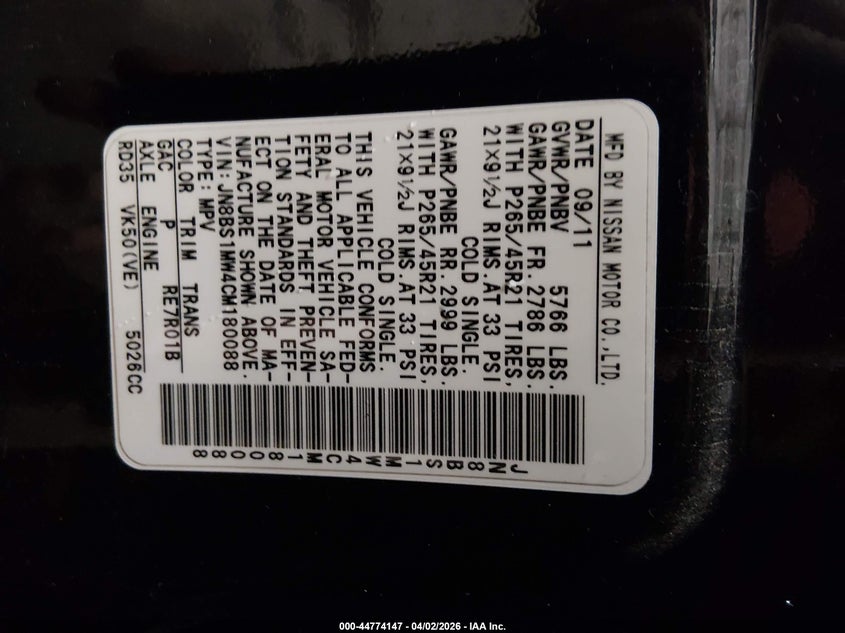 2012 Infiniti Fx50 VIN: JN8BS1MW4CM180088 Lot: 44774147