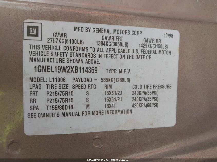 1999 Chevrolet Astro VIN: 1GNEL19W2XB114369 Lot: 44774213