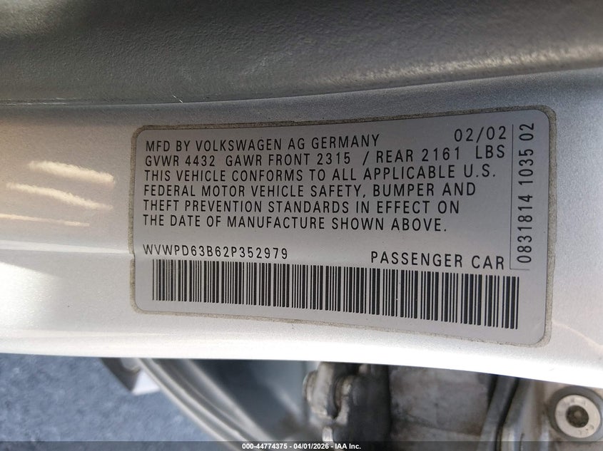 2002 Volkswagen Passat Gls VIN: WVWPD63B62P352979 Lot: 44774375
