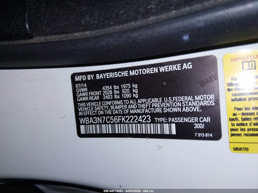 BMW 428I 2015 VIN WBA3N7C56FK222423